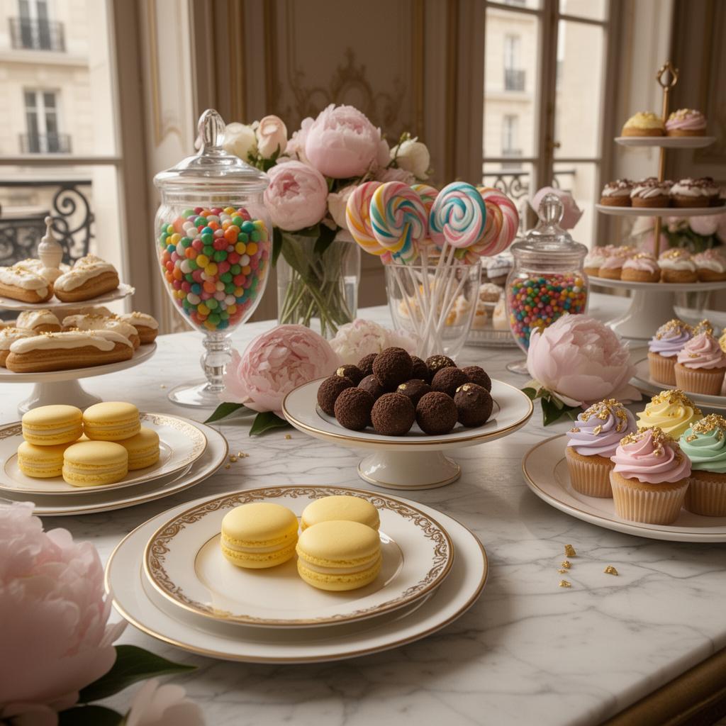 Macarons amarelos e peônias em mesa de mármore