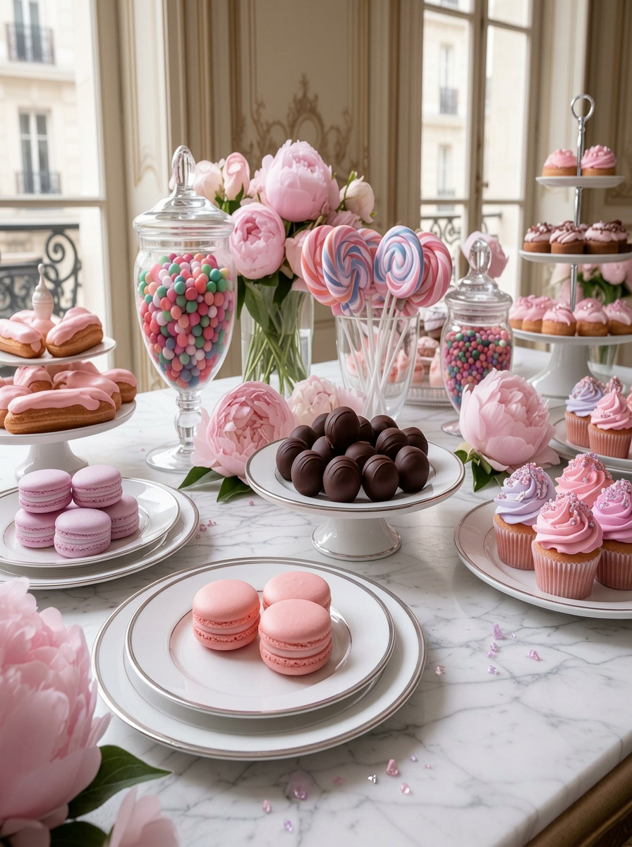 Macarons amarelos e peônias em mesa de mármore